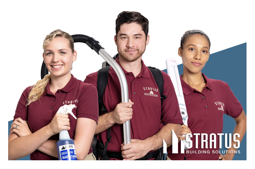 Three Uniformed Stratus Cleaners Side by Side, One with a Spray Bottle, One with a Vacuum Attachment, One with a HEPA Wand
