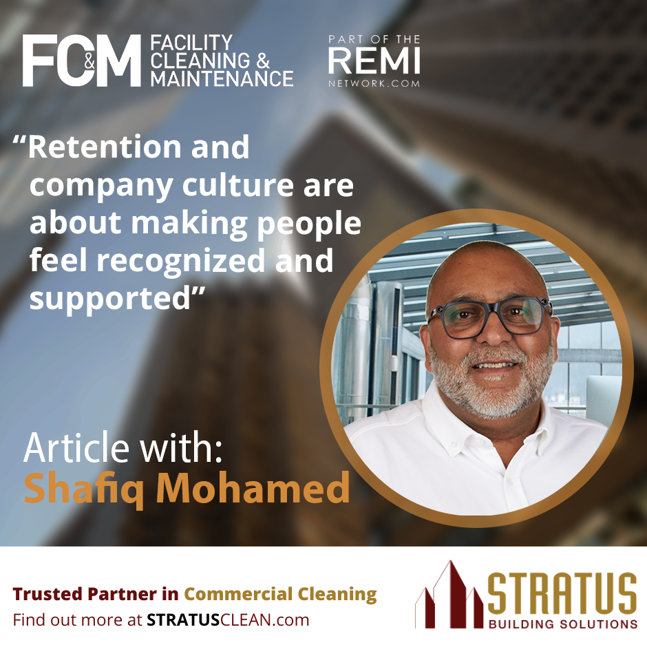 Image of Shafiq with buildings on the background the text says: "Retention and compnay culture are about making people feel recognized and supported"