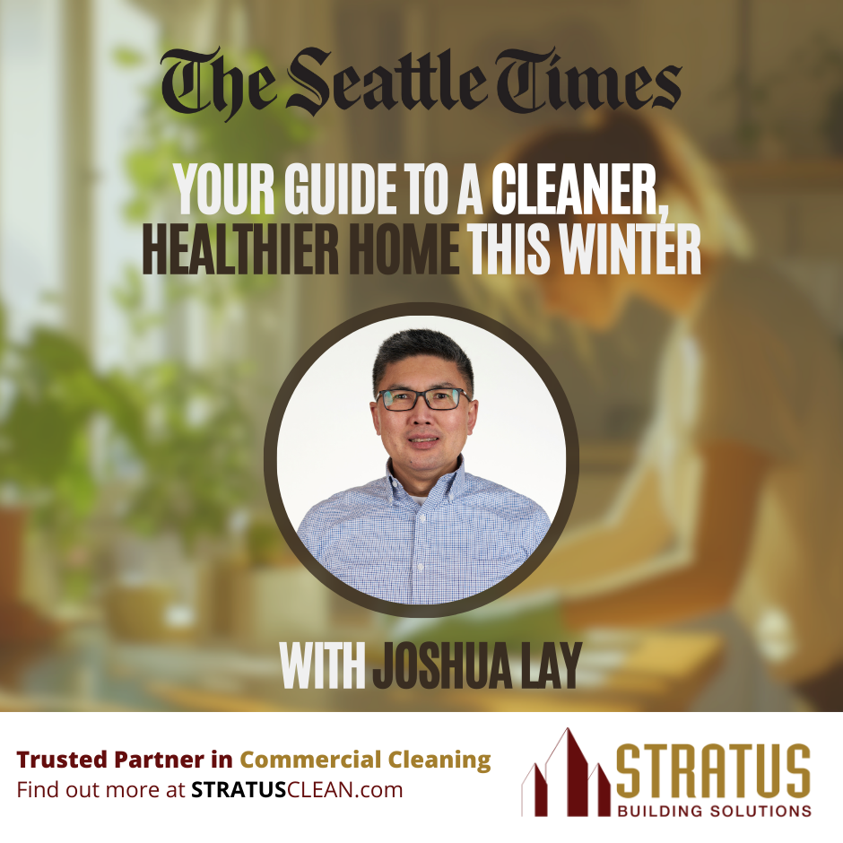 A background image of a cozy house where a woman does some chores, everything is crisp and clean. There's a photo os master franchise owner Joshua Lay and the title says: Your guide to a cleaner, healthier home this winter