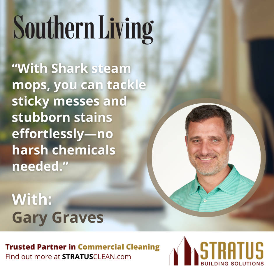 A background of image of a shark steam mop, there's a photo of Gary Graves and a quote that says: “With Shark steam mops, you can tackle sticky messes and stubborn stains effortlessly—no harsh chemicals needed.”