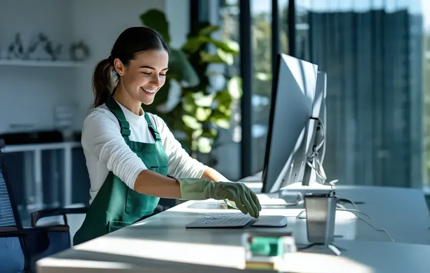 A woman in a green uniform cleans very happily the computer on top of a table, she is in an office with lots of plants and high windows.